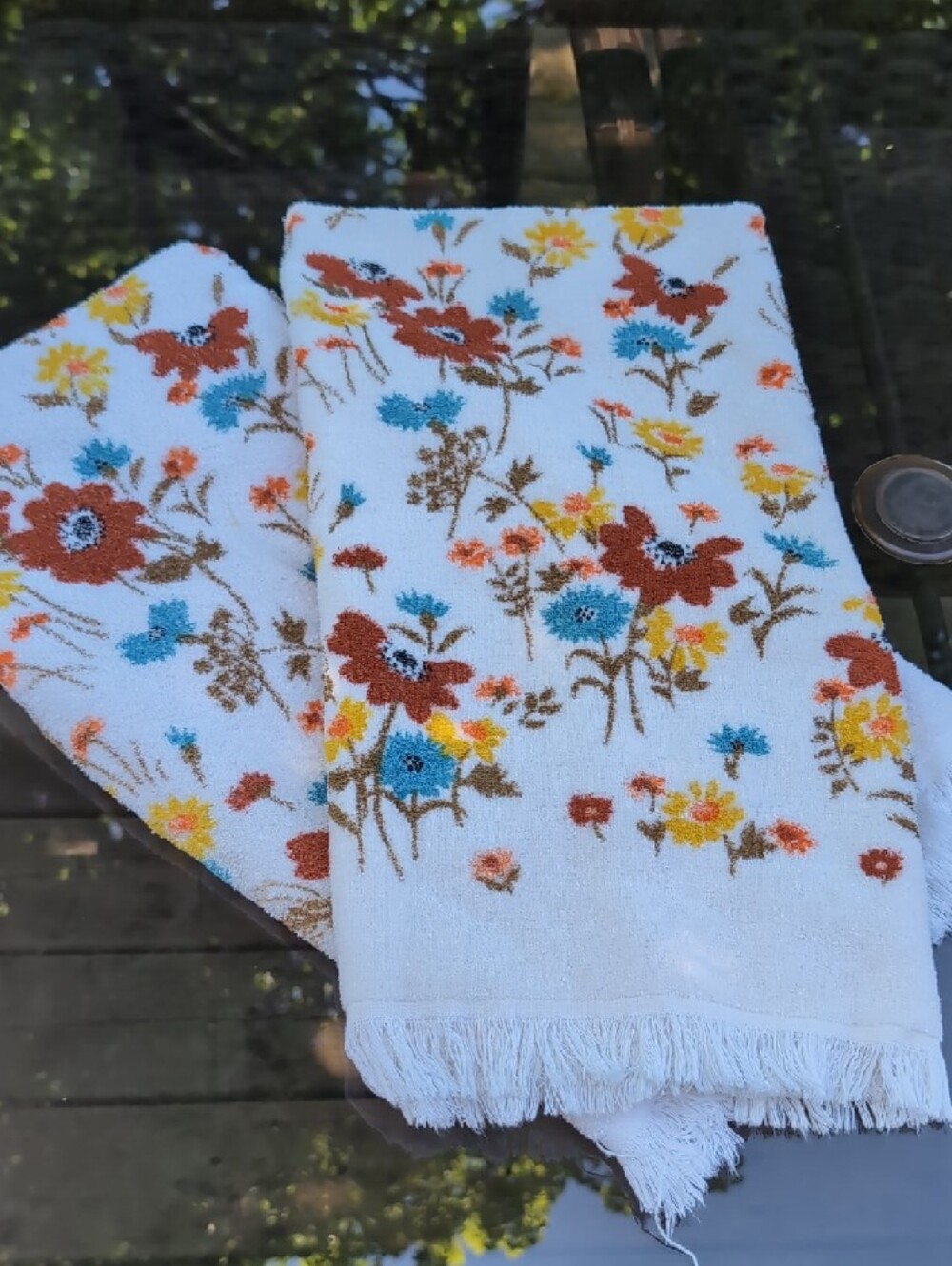 Vintage 70's Floral Bath Towel Flower Power Boho Fringe Dan Dee Lot Of 2